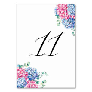 Watercolor Pink and Blue Hydrangeas Table 11 Table Number