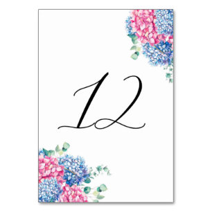 Watercolor Pink and Blue Hydrangeas Table 12 Table Number