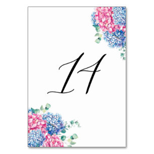 Watercolor Pink and Blue Hydrangeas Table 14 Table Number