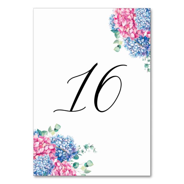 Watercolor Pink and Blue Hydrangeas Table 16 Number (Front)