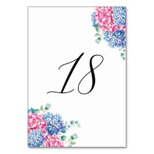 Watercolor Pink and Blue Hydrangeas Table 18 Table Number
