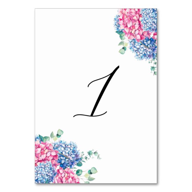 Watercolor Pink and Blue Hydrangeas Table 1 Table Number (Front)