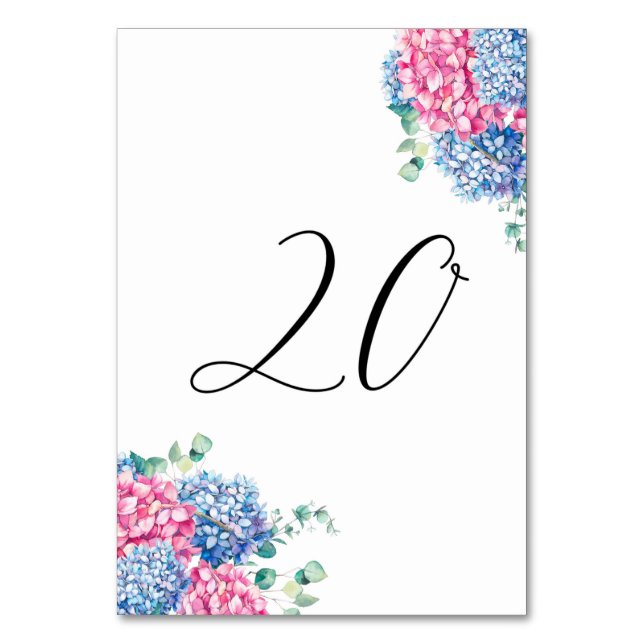 Watercolor Pink and Blue Hydrangeas Table 20 Number (Front)