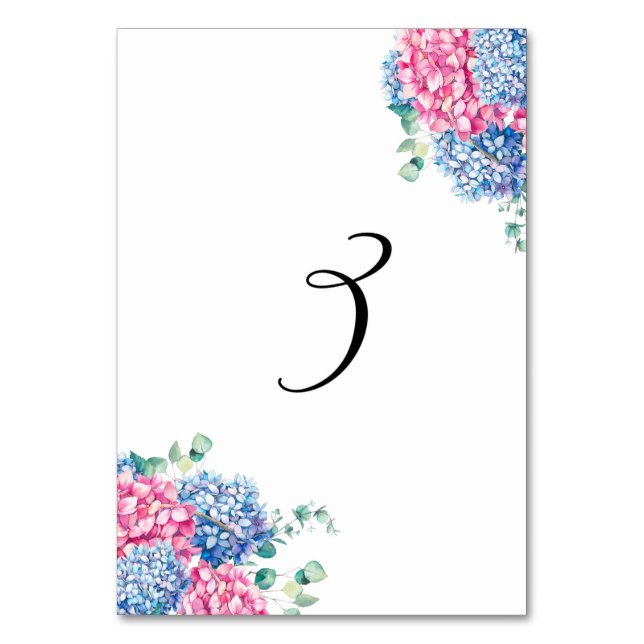 Watercolor Pink and Blue Hydrangeas Table 3 Number (Front)