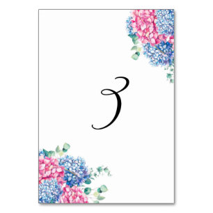 Watercolor Pink and Blue Hydrangeas Table 3 Table Number