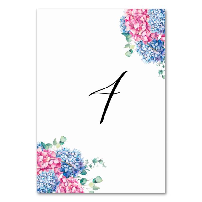 Watercolor Pink and Blue Hydrangeas Table 4 Table Number (Front)