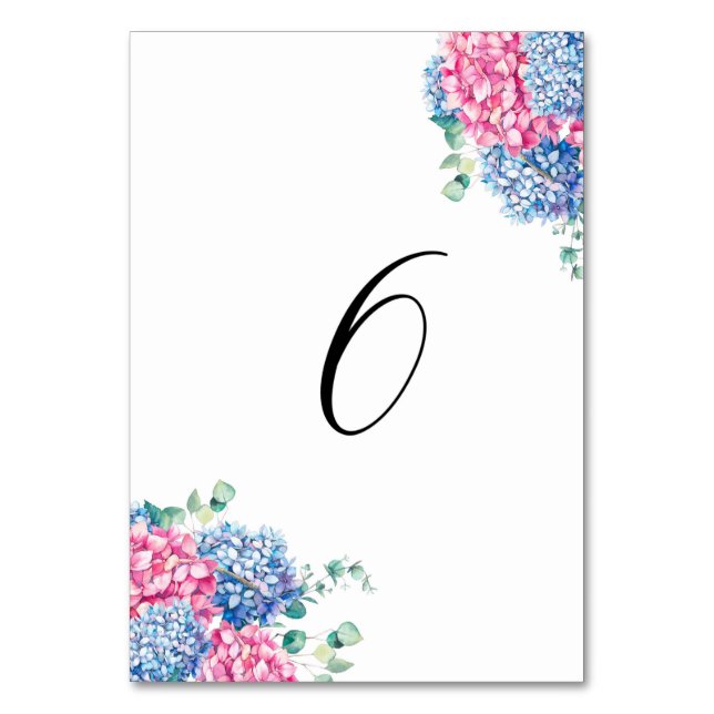 Watercolor Pink and Blue Hydrangeas Table 6 Number (Front)