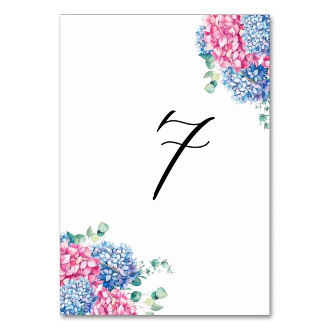 Watercolor Pink and Blue Hydrangeas Table 7 Table Number (Front)