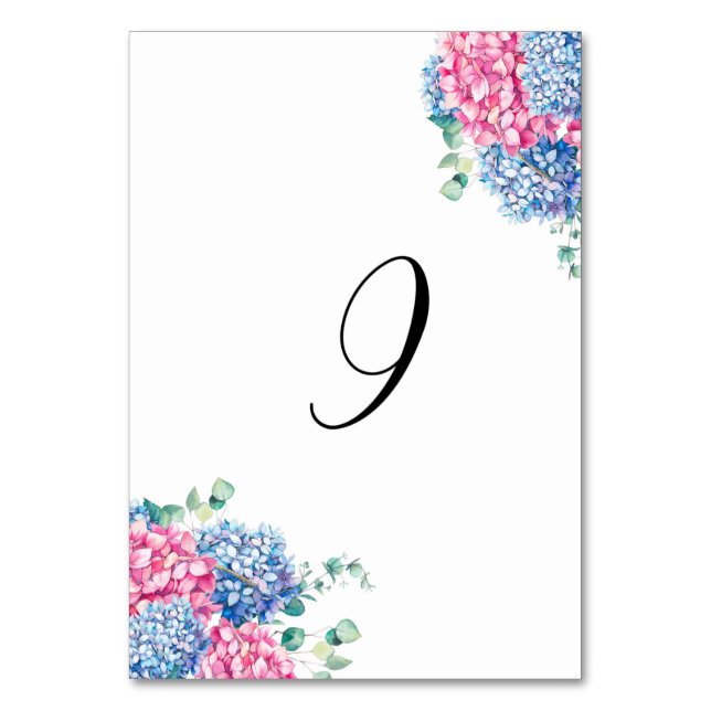 Watercolor Pink and Blue Hydrangeas Table 9 Number (Front)