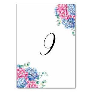 Watercolor Pink and Blue Hydrangeas Table 9 Table Number