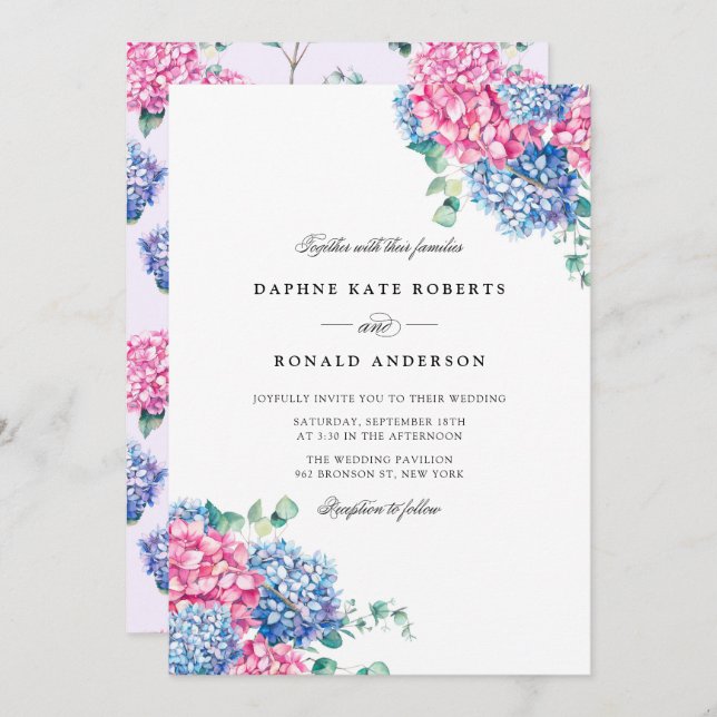 Watercolor Pink and Blue Hydrangeas Wedding Invitation (Front/Back)