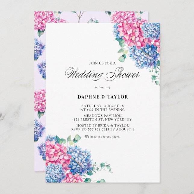 Watercolor Pink and Blue Hydrangeas Wedding Shower Invitation (Front/Back)