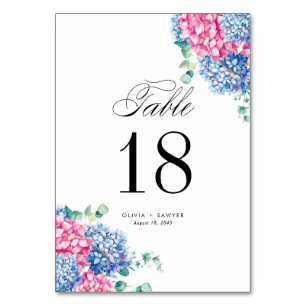 Watercolor Pink and Blue Hydrangeas Wedding Table Number