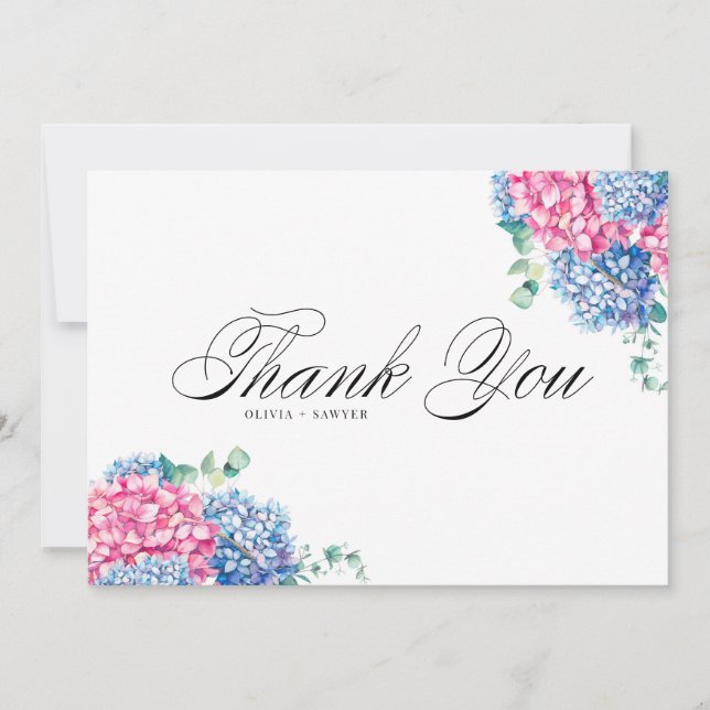 Watercolor Pink and Blue Hydrangeas Wedding Thank You Card (Front)