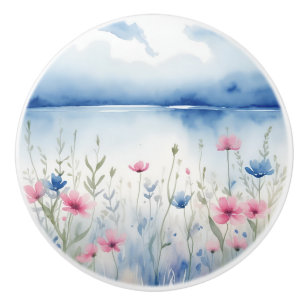 Watercolor Pink and Blue Wild Flowers Wildflower Ceramic Knob
