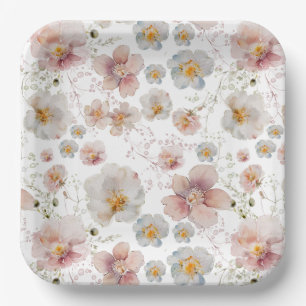 Watercolor Pink and Blue Wildflower Bridal Shower Paper Plate