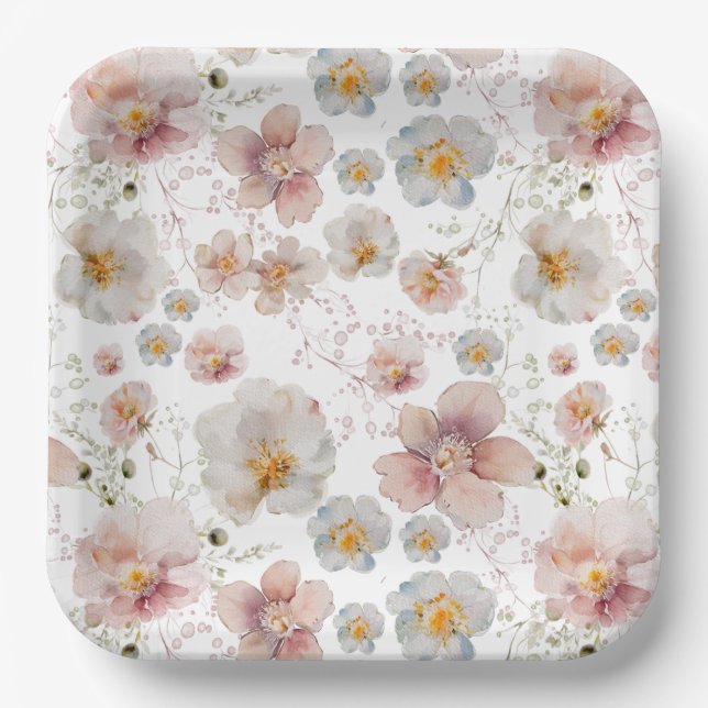 Watercolor Pink and Blue Wildflower Bridal Shower Paper Plate (Front)