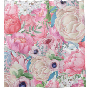 Watercolor Pink and Blush Peonies Spring Shower Curtain