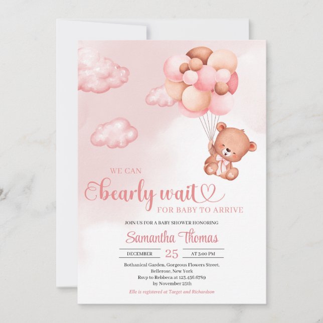 Watercolor pink and brown girl baby shower invitation (Front)