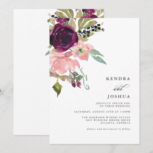 Watercolor Pink and Burgundy Bouquet Wedding Invitation (Front/Back)
