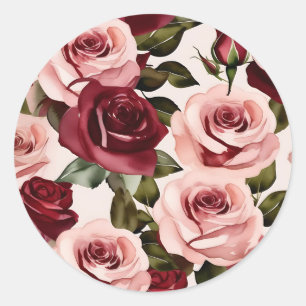 Watercolor Pink and Burgundy Floral Classic Round Sticker