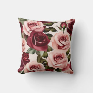 Watercolor Pink and Burgundy Floral Cushion