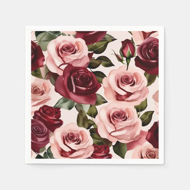 Watercolor Pink and Burgundy Floral Napkin (Front)