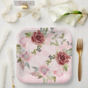 Watercolor Pink and Burgundy Flowers Paper Plate