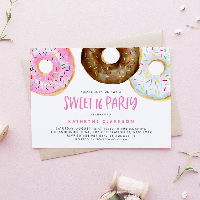 Watercolor Pink and Chocolate Doughnuts Sweet 16 Invitation (Creator Uploaded)