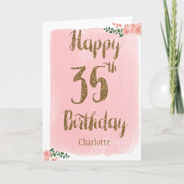 Watercolor Pink and Gold 35th Birthday Card (Front)