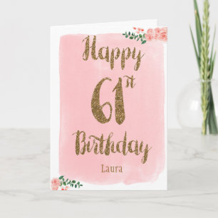 Watercolor Pink and Gold 61st Birthday Card