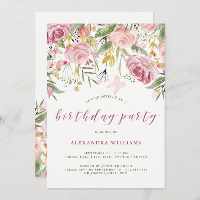 Watercolor Pink and Gold Floral Birthday Party Invitation (Front/Back)
