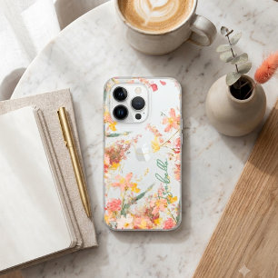 Watercolor Pink and Gold Floral Custom Name Phone iPhone 15 Pro Case