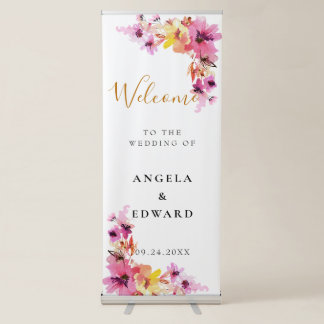 Watercolor Pink And Gold Floral Wedding Welcome Retractable Banner