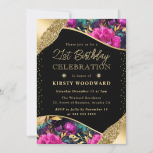 Watercolor Pink and Gold Flowers 21st Birthday Invitation