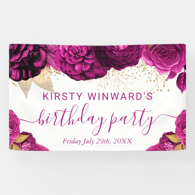 Watercolor pink and Gold Flowers Birthday Banner (Horizontal)