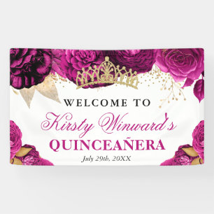 Watercolor pink and Gold Flowers Quinceanera Banner