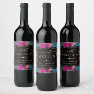 Watercolor Pink and Gold Flowers Sweet Sixteen Wine Label
