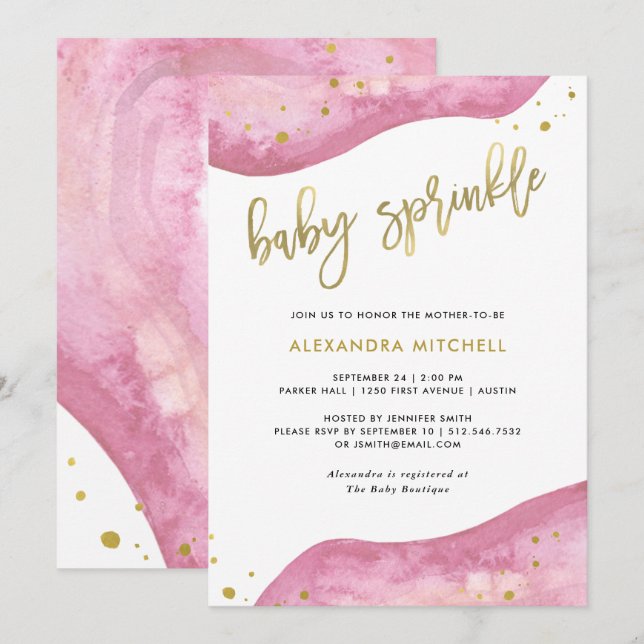 Watercolor Pink and Gold Geode Baby Sprinkle Invitation (Front/Back)
