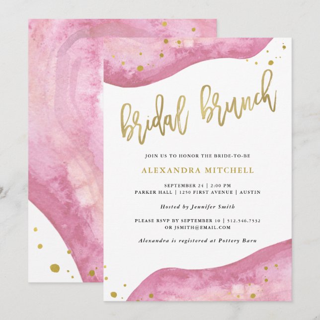 Watercolor Pink and Gold Geode Bridal Brunch Invitation (Front/Back)
