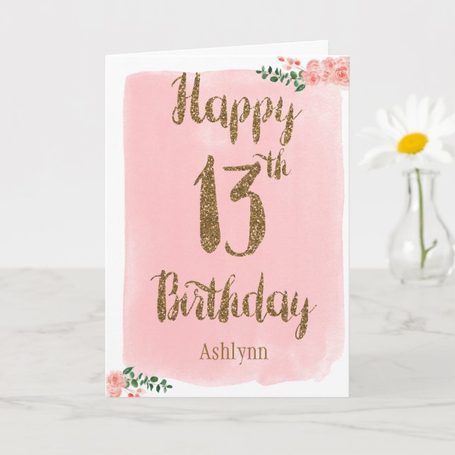 Watercolor Pink and Gold Glitter 13th Birthday Card (Small Plant)