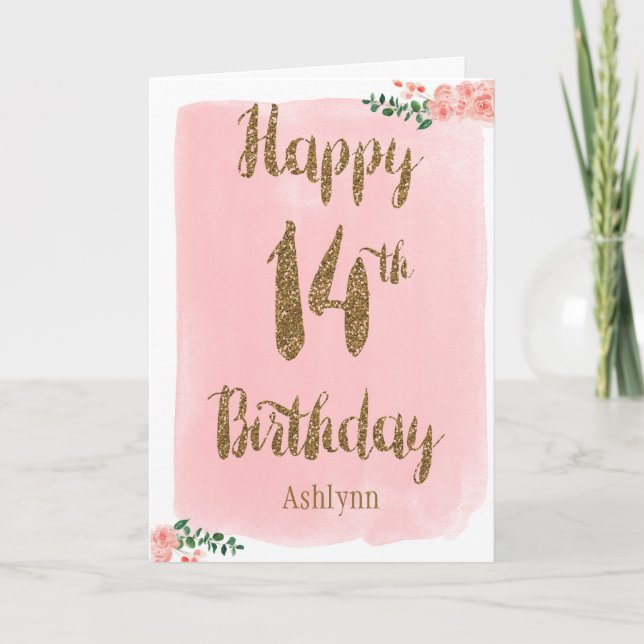 Watercolor Pink and Gold Glitter 14th Birthday Card (Front)