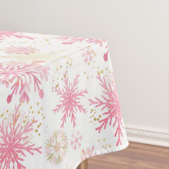 Watercolor Pink and Gold Glitter Winter Snowflakes Tablecloth (In Situ)