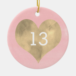 Watercolor Pink and Gold Heart 13th Birthday Ceramic Tree Decoration