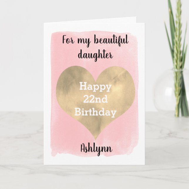 Watercolor Pink and Gold Heart 22nd Birthday Card (Front)