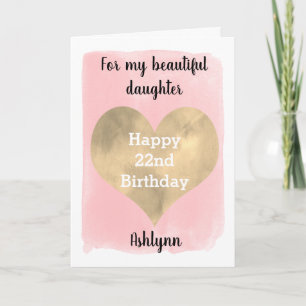 Watercolor Pink and Gold Heart 22nd Birthday Card