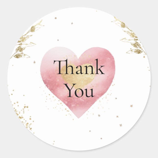Watercolor Pink and Gold Thank You  Classic Round Sticker (Front)