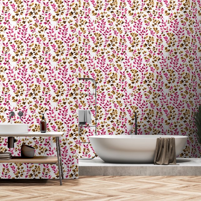Watercolor Pink and Golden Brown Foliage Wallpaper (Bathroom)