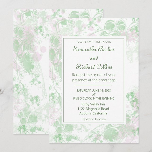 Watercolor Pink and Green Botanical Wedding Invitation (Front/Back)
