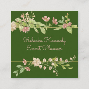 Watercolor Pink and Green Floral Border Square Business Card